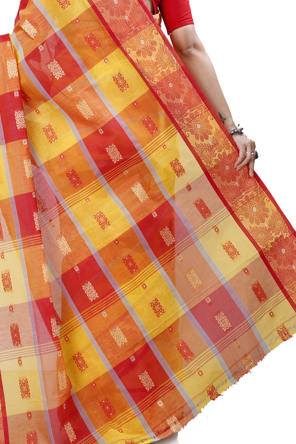 Yellow Red Pure Cotton RajSahi Tant Saree (956)